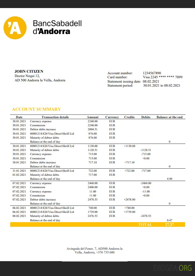 Relevé bancaire Andorra BancSabadell d'Andorra